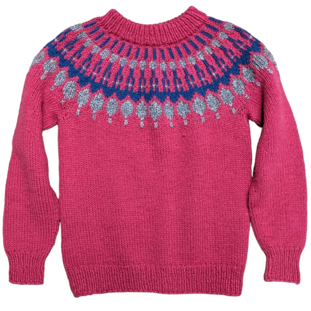 Vintage 80s chunky knit wool pink yoke pattern sweater Canadian handmade - Picture 1 of 11